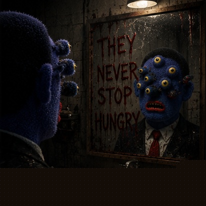 Piranha Man in a haunted bathroom mirror